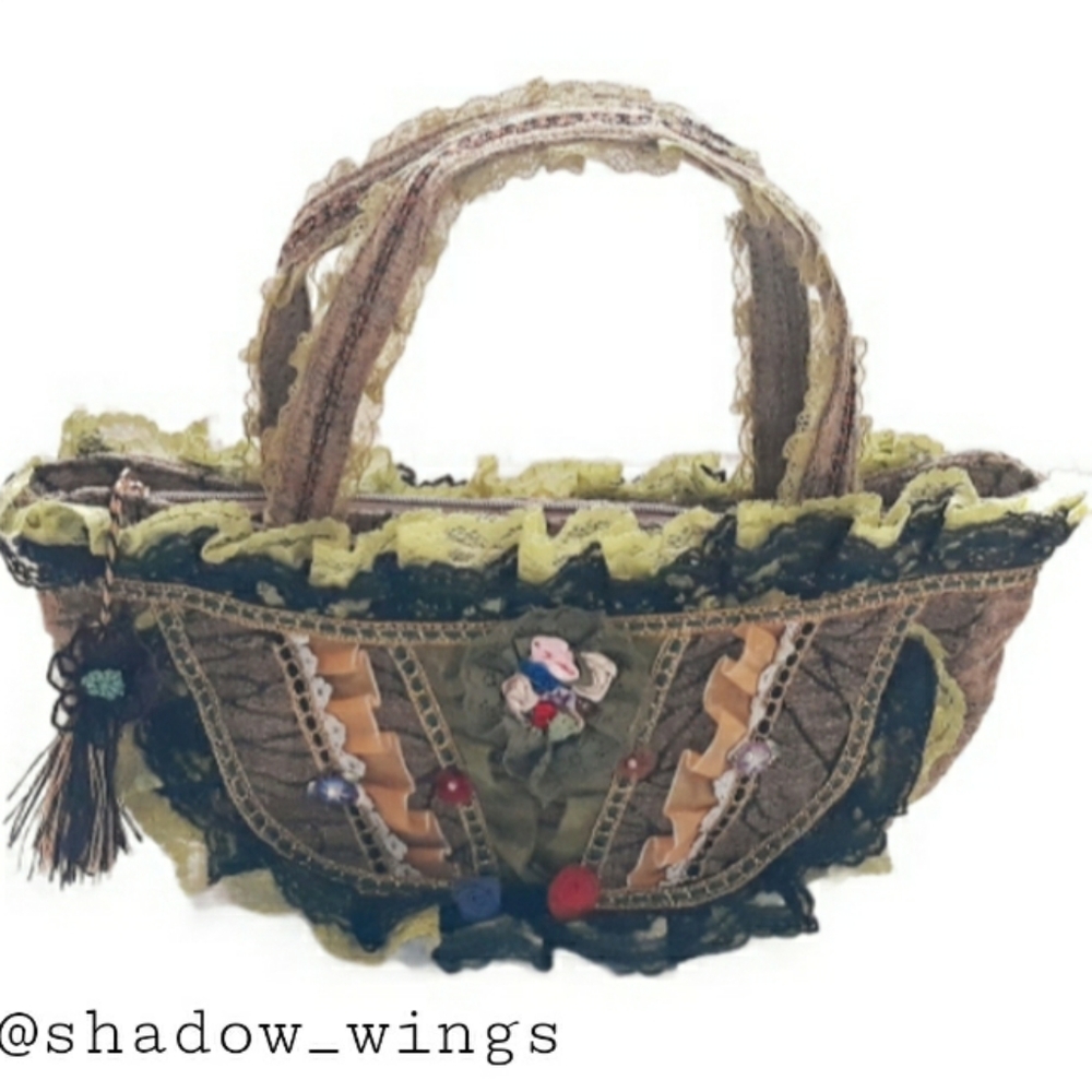 Embellished Whimsical Floral Tapestry Bag - Victorian Style Ruffle Hand Bag - Picture 3 of 16
